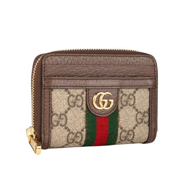 【GUCCI 古馳】Ophidia經典Supreme帆布紅綠織帶卡片零錢包(烏木色)