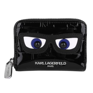 【KARL LAGERFELD 卡爾】大眼睛亮漆皮風琴式卡夾包(黑)