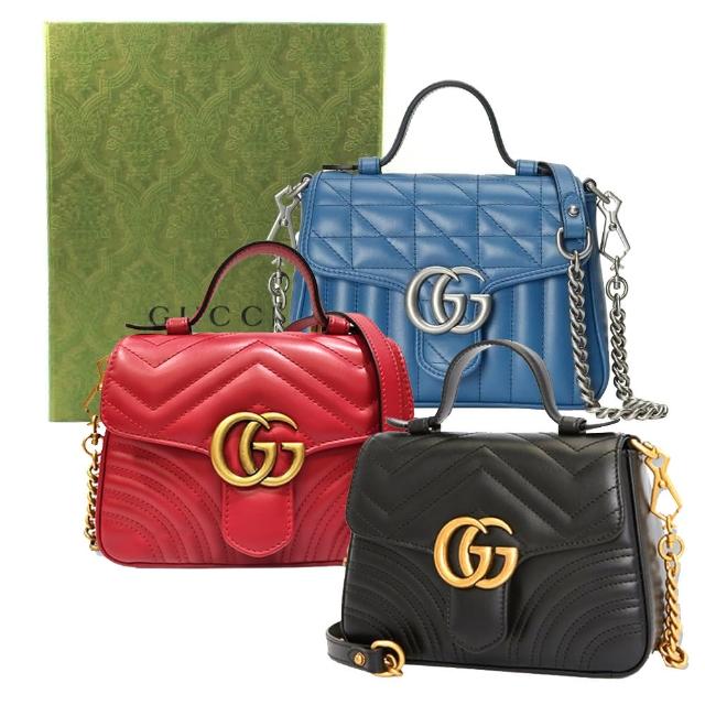 【GUCCI 古馳】547260  / 583571 經典GG Marmont系列仿舊金色LOGO牛皮暗釦手提/斜背兩用包(黑色)