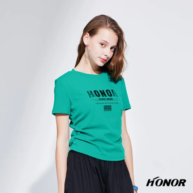 HONOR 山形屋 品牌字母側邊抓皺收腰上衣-綠/白/黑