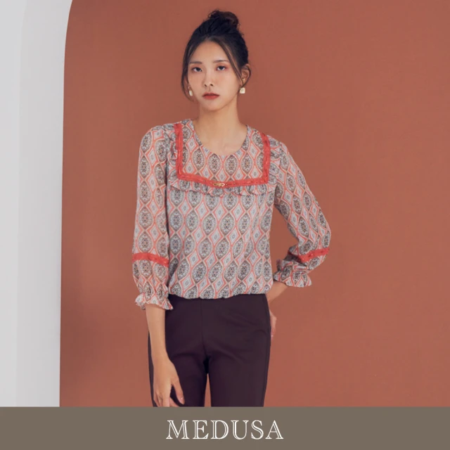 MEDUSA 曼度莎 現貨-方領裝飾印花雪紡上衣（M-2L）｜女上衣 休閒上衣(201-20201)