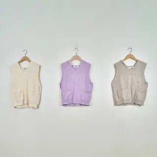 【CUMAR】純色雪尼爾雙口袋連帽無袖針織背心(杏 駝 紫/魅力商品)