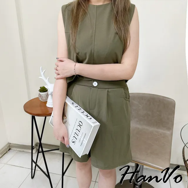 【HanVo】現貨 無袖高腰短褲寬鬆兩件式套裝(親膚柔軟休閒圓領舒適套裝 韓系日常百搭 女生衣著 A08-5983)