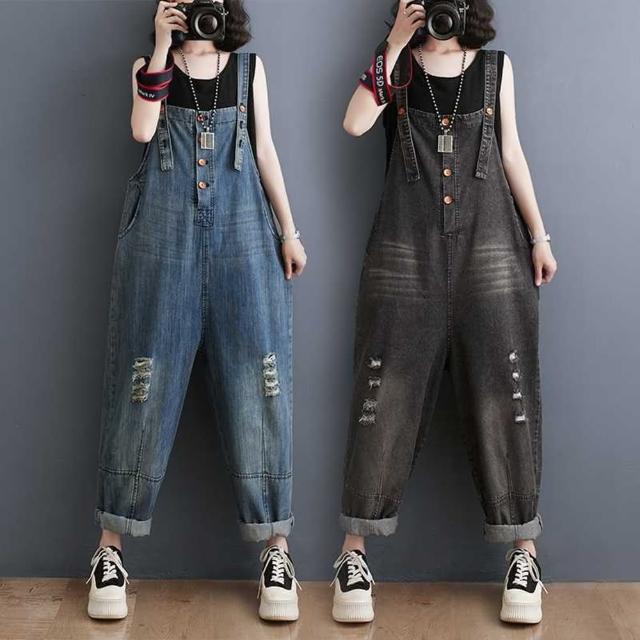 【巴黎精品】現貨+預購 吊帶褲休閒長褲(破洞牛仔直筒連身女褲子2色a1eb23)