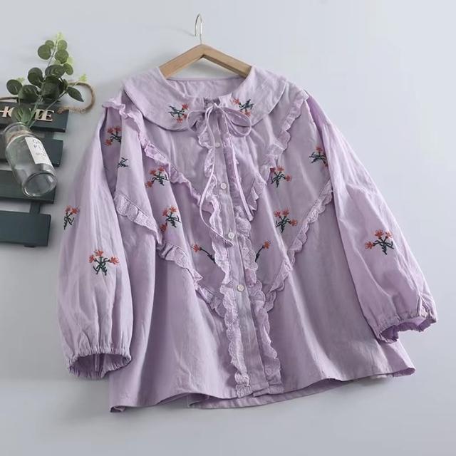 【巴黎精品】現貨+預購 襯衫棉質上衣(溫柔娃娃領刺繡長袖女裝4色a1ed90)