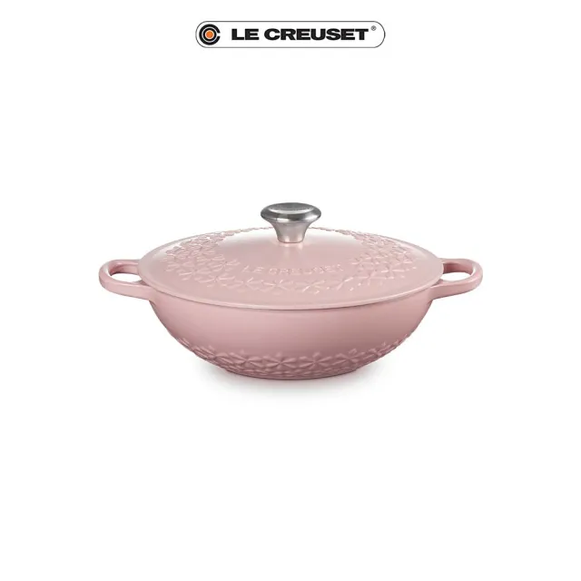 【Le Creuset】典藏琺瑯鑄鐵鍋媽咪鍋22cm(縷空雕花/甜心粉-鋼頭-內鍋白)