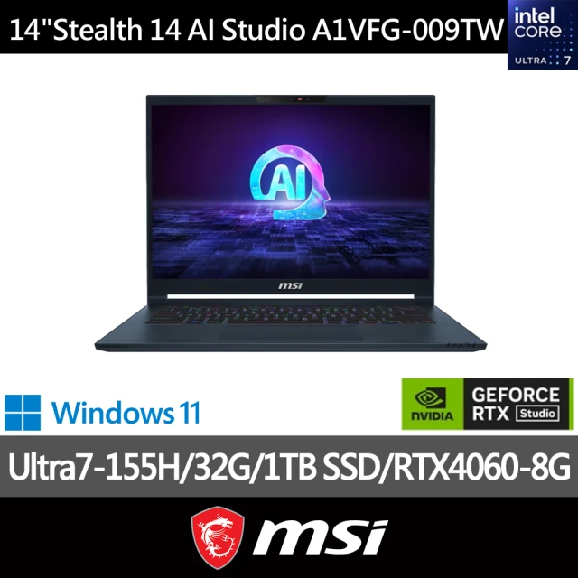 MSI 微星 14吋 Ultra7-155H RTX4060-8G 電競筆電(Stealth 14 AI Studio/32G/1TB SSD/W11P/A1VFG-009TW)