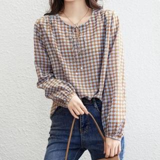 【LANNI 藍尼】★小菱格紋圓領簡約上衣(長袖/休閒/女裝)