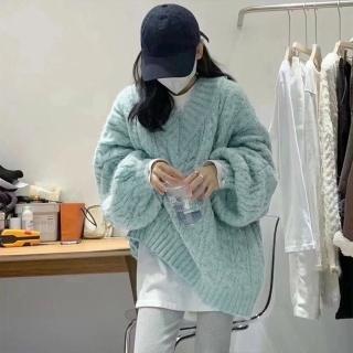 【D.studio】韓版慵懶風V領大毛衣(針織上衣長袖上衣女裝衣服寬鬆上衣 顯瘦上衣冬裝發熱衣保暖上衣 W396)
