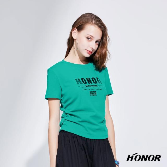 【HONOR 山形屋】品牌字母側邊抓皺收腰上衣-綠/白/黑