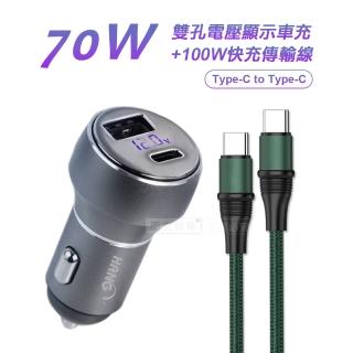 【HANG】70W鋁合金 PD+QC+PPS雙孔LED電瓶顯示車充頭+100W Type-C to Type-C 傳輸充電線1.2M