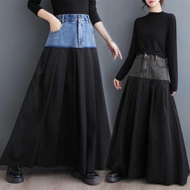 【巴黎精品】現貨+預購 半身裙A字長裙(牛仔拼接百褶大擺女裙子2色a1eb15)