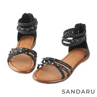 【SANDARU 山打努】涼鞋 編織釘銖後拉鍊羅馬涼鞋(黑)