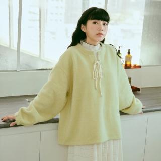 【OB 嚴選】毛絨感寬鬆V領綁帶鬆緊拋袖上衣 《AB19219》