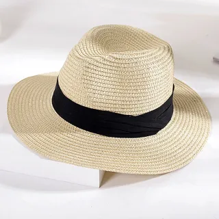 【AnnaSofia】遮陽帽防曬帽網美渡假草帽海灘帽紳士帽爵士帽-黑層摺帶 現貨(杏系)