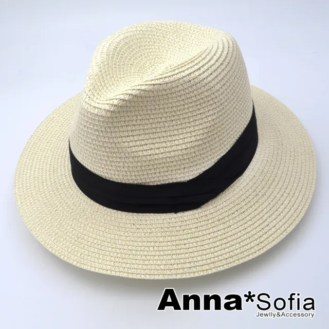 【AnnaSofia】買一送一久等禮 遮陽帽防曬帽網美渡假草帽海灘帽紳士帽爵士帽-黑層摺帶 現貨(杏系)