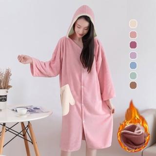 【AnZa】加厚德絨保暖連帽中長款睡衣外套居家服(口袋長袖連身裙)