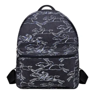 【LONGCHAMP】LE PLIAGE COLLECTION系列駿馬塗鴉丹寧布後背包(海軍藍)