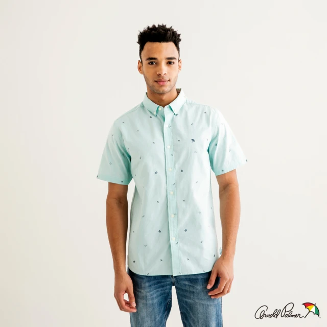 【Arnold Palmer 雨傘】男裝-滿版品牌印花短袖襯衫(薄荷綠)