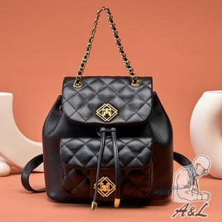 【A&L 老工匠】真皮菱格小香風牛皮Ilisha歐美時尚鏈帶手提小後揹包(經典黑)