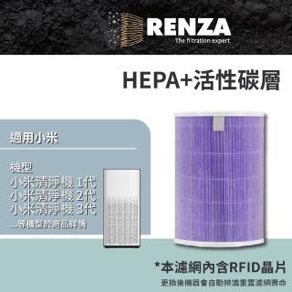 【RENZA】適用 小米空氣清淨機 1代 2代 3代 2S Pro 空氣清淨機(抗菌版 紫色 2合1HEPA+活性碳濾網 濾芯)