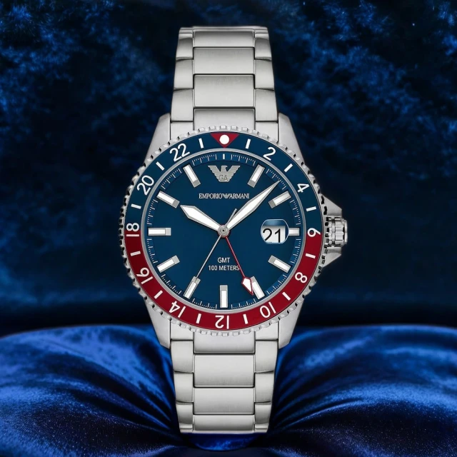 EMPORIO ARMANI 亞曼尼 Diver 紅藍撞色GMT手錶-42mm(AR11590)