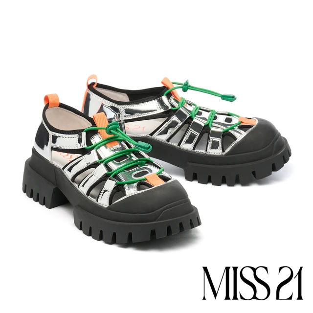 MISS 21 個性潮酷簍空異材質撞色彈力抽繩大頭厚底休閒鞋
