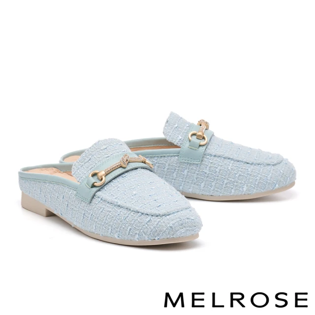 MELROSE 美樂斯 高雅品味晶鑽一字釦毛呢布穆勒低跟拖鞋(藍)