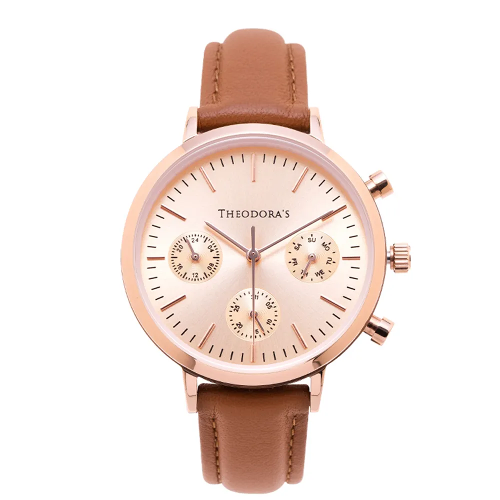 【THEODORA’S 希奧朵拉】Apollo 三眼真皮手錶(小錶面) 三眼粉膚-真皮橘棕(日期顯示 真三眼)
