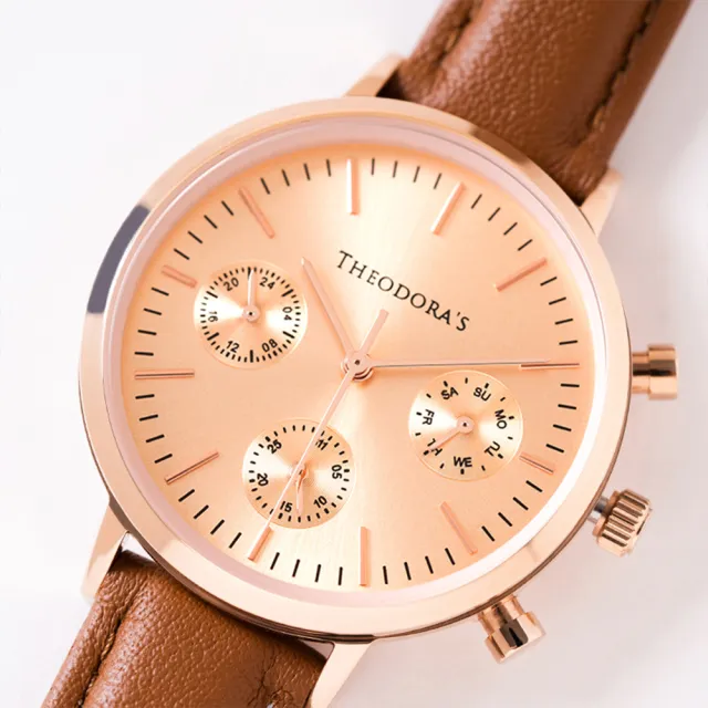 【THEODORA’S 希奧朵拉】Apollo 三眼真皮手錶(小錶面) 三眼粉膚-真皮橘棕(日期顯示 真三眼)
