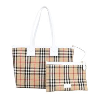 【BURBERRY 巴寶莉】格紋緹花布牛皮滾邊肩背子母購物包(米x白)