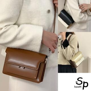 【Sp house】知性兼具拼色全真牛皮側背斜肩女用翻蓋包(5色可選)