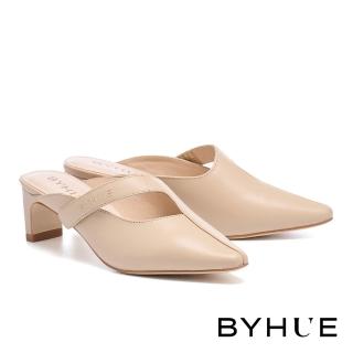 【BYHUE】別致不對稱簍空純色羊皮軟芯尖頭高跟穆勒拖鞋(米)