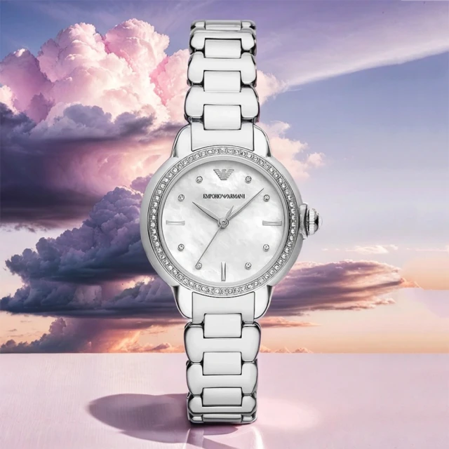 EMPORIO ARMANI 亞曼尼 Mia 極光銀白環鑽女錶-32mm 聖誕節 禮物(AR11596)