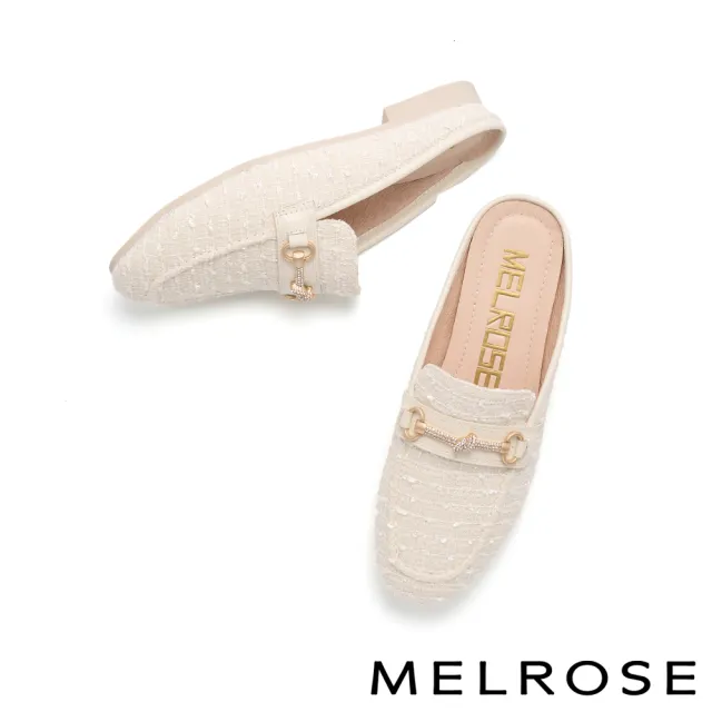 【MELROSE】美樂斯 高雅品味晶鑽一字釦毛呢布穆勒低跟拖鞋(米白)