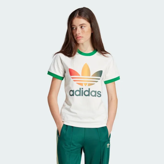 【adidas 愛迪達】上衣 女款 短袖上衣 運動 三葉草 GRADIENT CALI T 白綠藍 IS0310