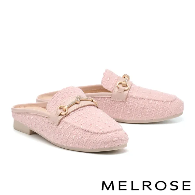 【MELROSE】美樂斯 高雅品味晶鑽一字釦毛呢布穆勒低跟拖鞋(粉)