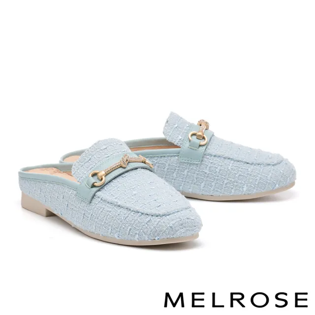 【MELROSE】美樂斯 高雅品味晶鑽一字釦毛呢布穆勒低跟拖鞋(藍)