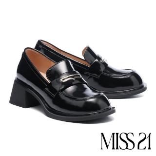 【MISS 21】經典百搭學院風牛油皮大頭金屬便仕樂福高跟鞋(黑)