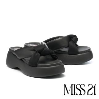 【MISS 21】微酸澎澎交叉扭結羊皮大頭厚底拖鞋(黑)
