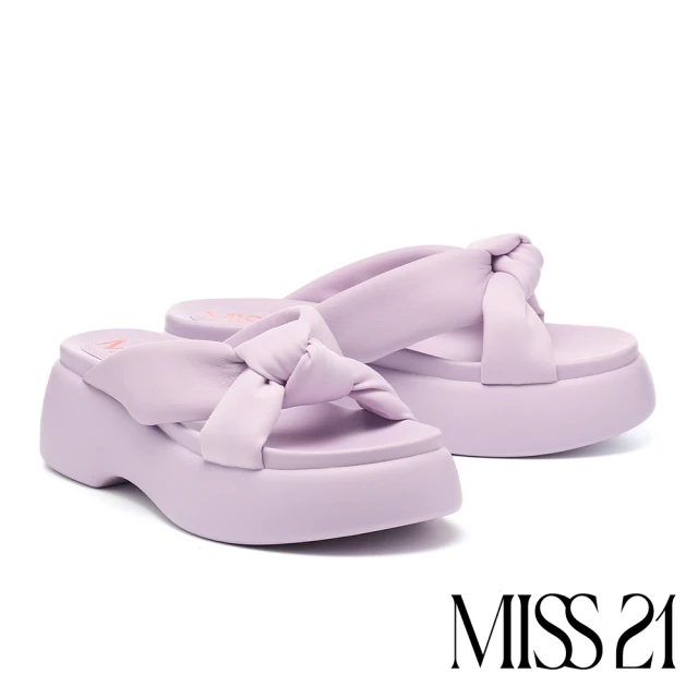 【MISS 21】微酸澎澎交叉扭結羊皮大頭厚底拖鞋(紫)