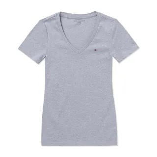 【Tommy Hilfiger】TOMMY 經典V領Logo素面短袖T恤-女-灰色(平輸品/爆款/必備基本款)