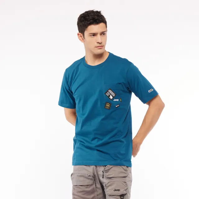 【JEEP】男裝 經典織標口袋短袖T恤(藍色)