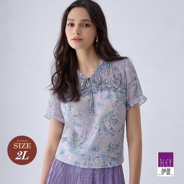 【ILEY 伊蕾】碎花荷葉綁帶雪紡上衣(淺紫色；M-2L；1242441403)