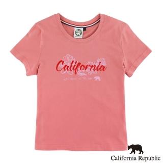 【California Republic】初春線條勾勒花樣CR熊標語圓領純棉TEE(女版)