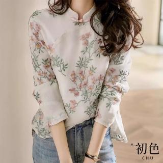 【初色】中式復古改良旗袍印花立領盤扣長袖襯衫上衣女上衣-花色-33033(M-2XL可選)