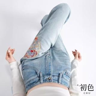 【初色】寬鬆修身中式刺繡印花直筒闊腿褲牛仔褲休閒褲寬褲長褲-淺藍色-33137(M-2XL可選)