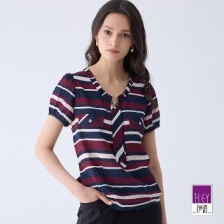 【ILEY 伊蕾】條紋領帶雪紡上衣(深藍色；M-XL；1242011147)