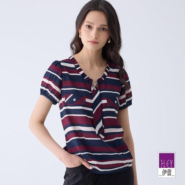 【ILEY 伊蕾】條紋領帶雪紡上衣(深藍色；M-XL；1242011147)