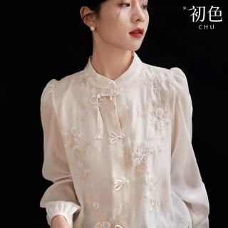 【初色】新中式復古素面繡花刺繡寬鬆雪紡立領盤扣長袖泡泡袖襯衫上衣女上衣-杏色-33014(M-2XL可選)